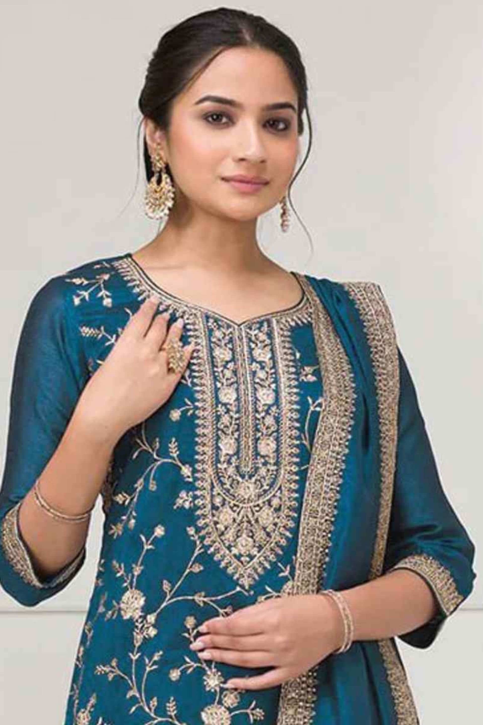 Designer Silk Palazzo Suit With Thread Embroidery Work - Indian Ethnic Wear