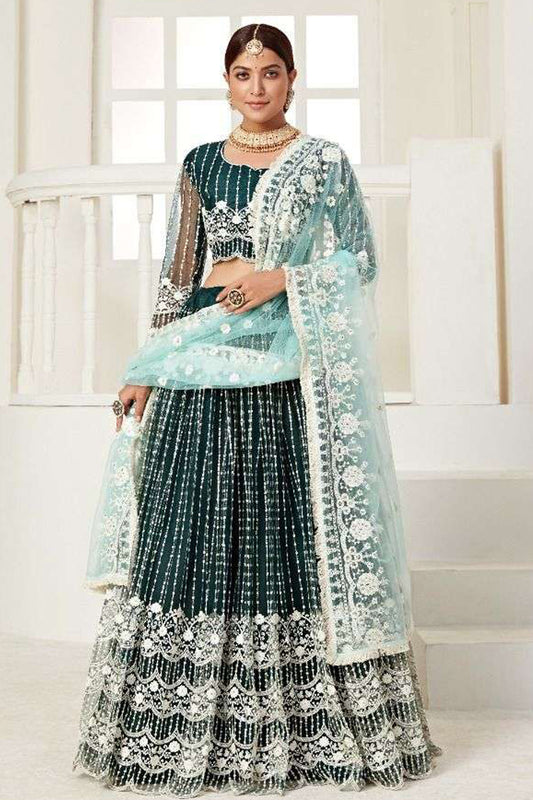 Dark Green Embroidered Bridal Lehenga Choli With Heavy Net Dupatta For Indian Wedding