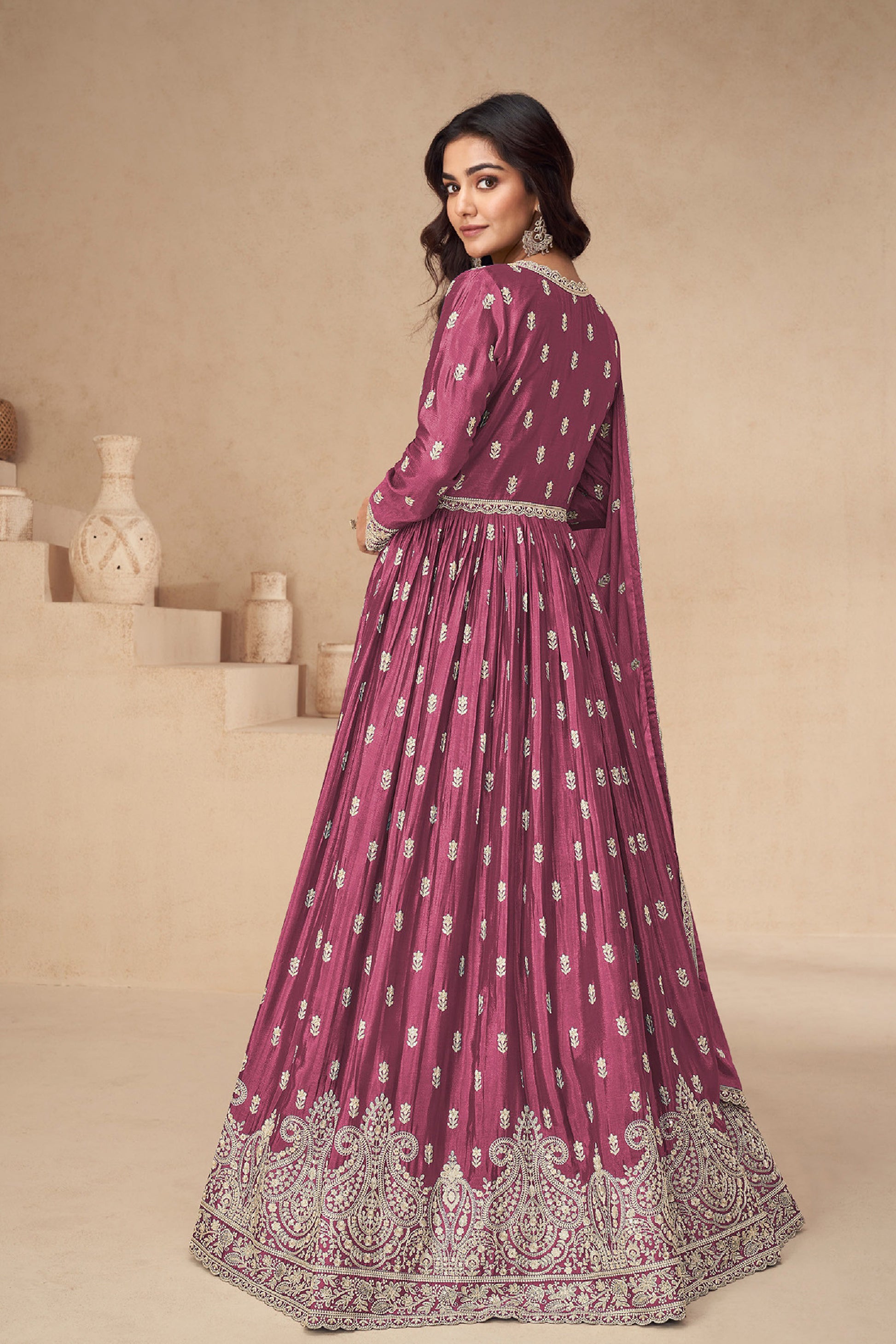 Floral Anarkali Suits Function Wear Heavy Chinon Embroider Worked Dupatta 