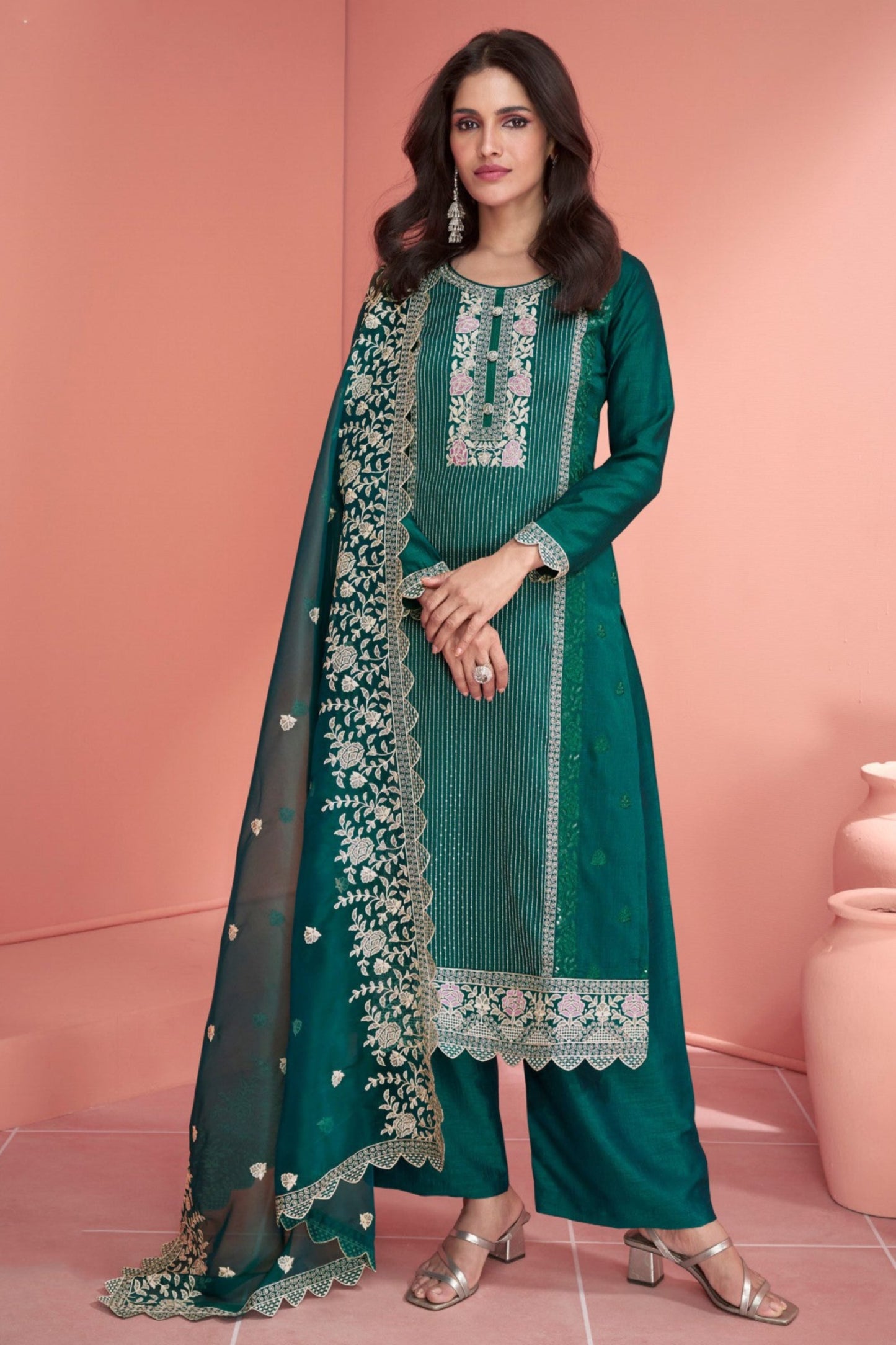 Silk Green Salwar Kameez With Thread Embroidery and Organza Dupatta For Weddings - Front View