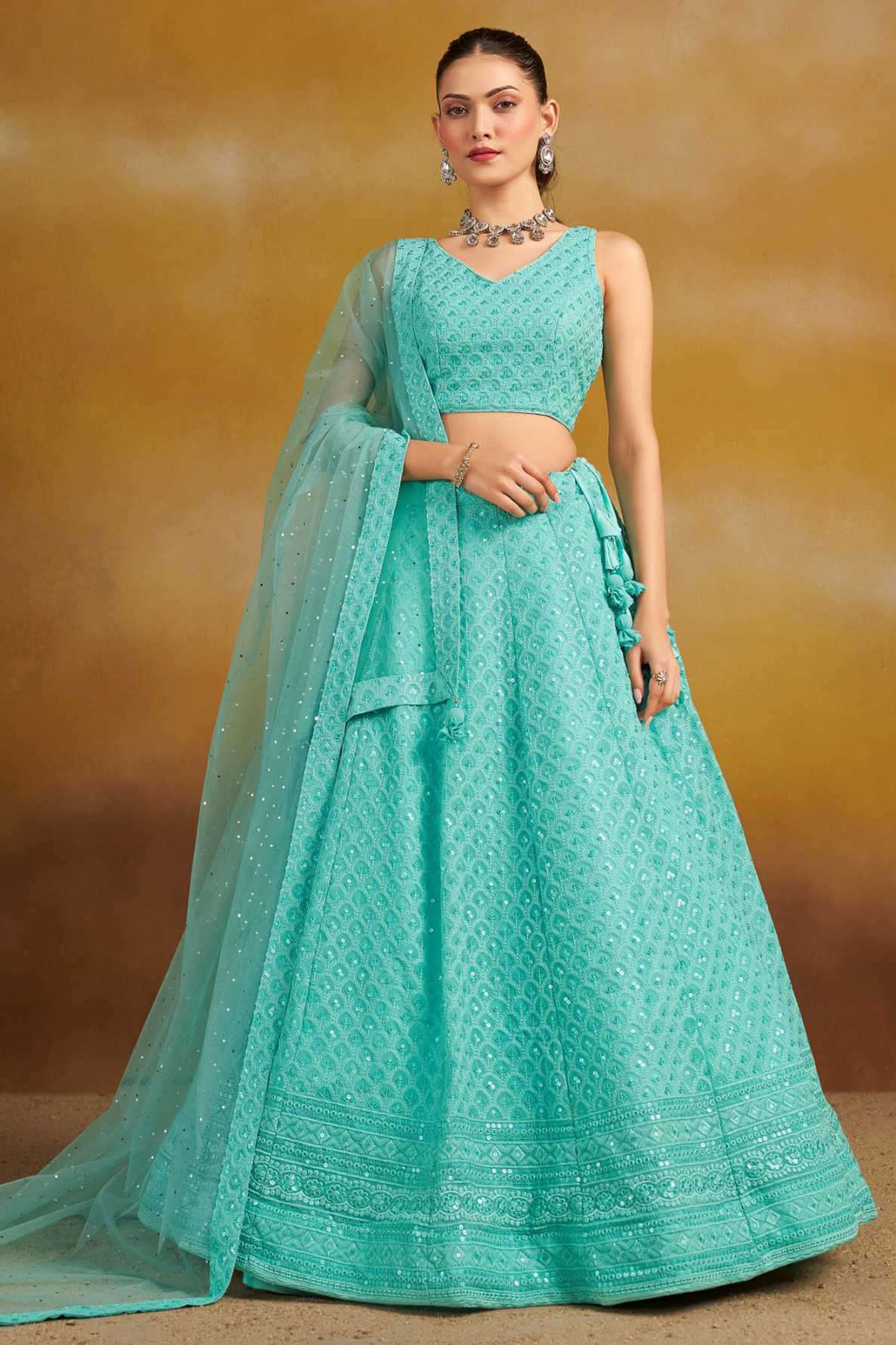 Blue Designer Engagement Lehenga Choli With Resham Sequins Embroidery Work - Front View