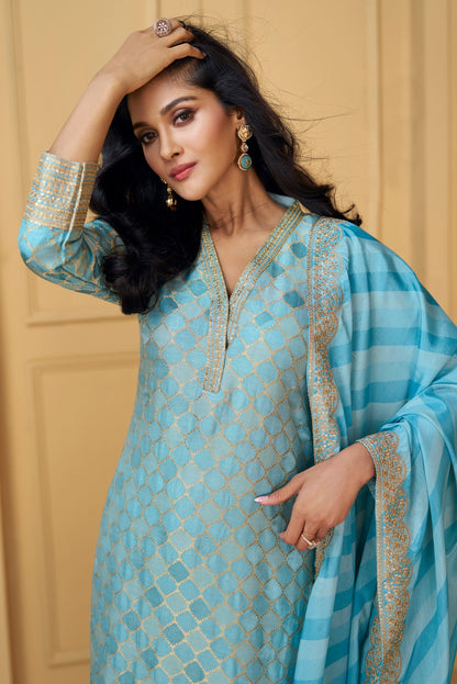 Sky Blue Viscose Jacquard Salwar Kameez- Traditional Indian Ethnic Wear 