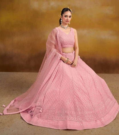 Georgette Bridal Lehenga Choli With Resham Work - Front View