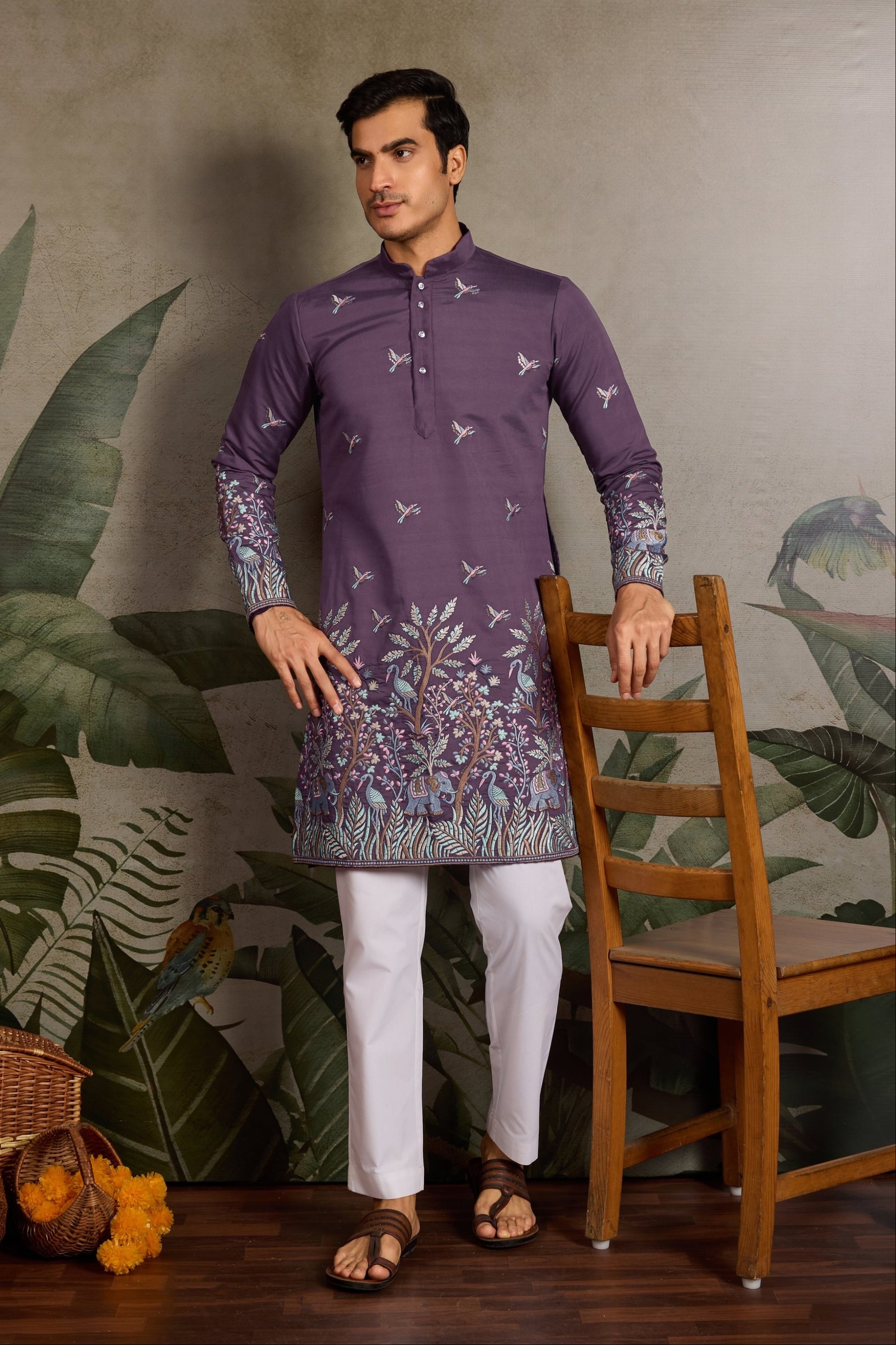 Men's Purple Kurta With Thread Sequin Work Detail