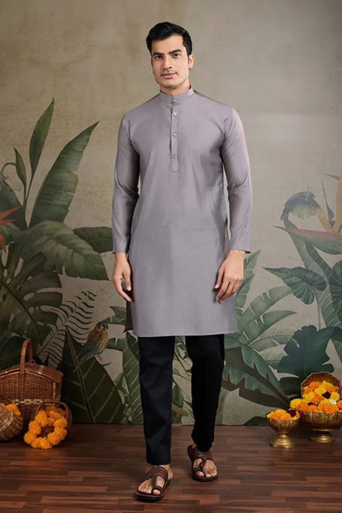 Premium Gray Color Viscose Silk Kurta Set For Man Real Mirror Work With Matching Pant