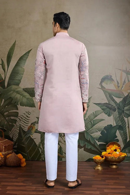 Exclusive Baby Pink Color Viscose Silk Kurta Set For Man Real Mirror Work With Matching Pant