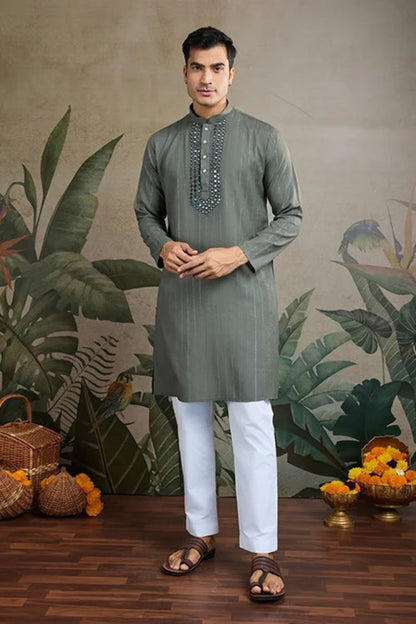 Front view of kurta pajama featuring refined traditional craftsmanship