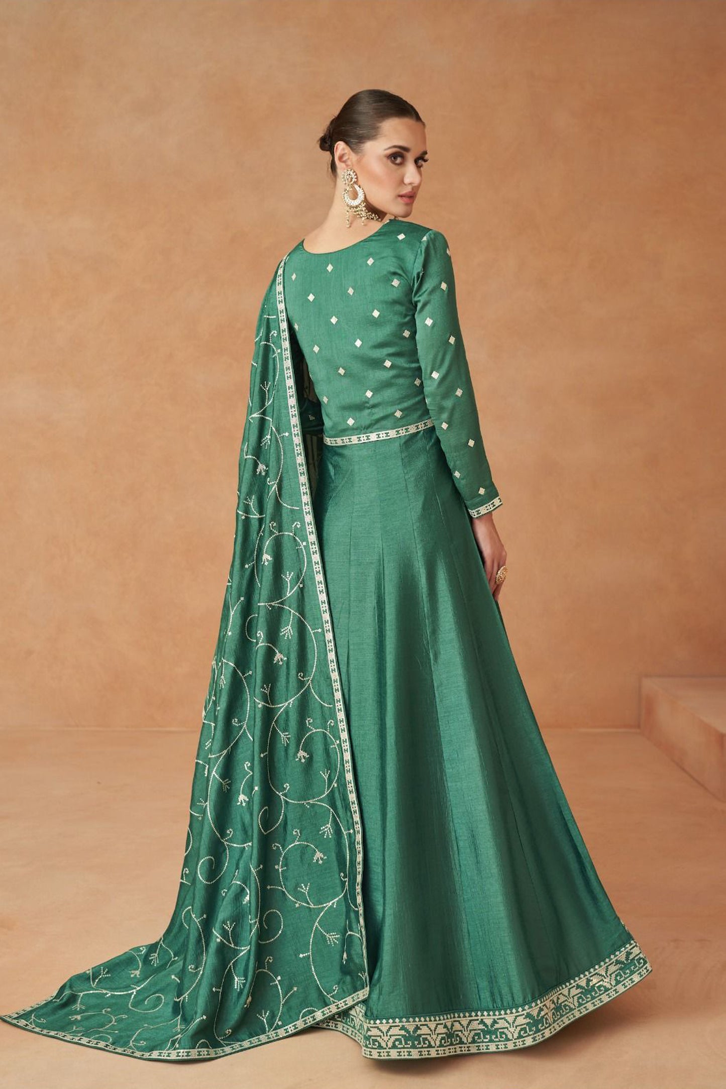 Pakistani Long Green Premium Silk Wedding Anarkali Dress With Dupatta For Women