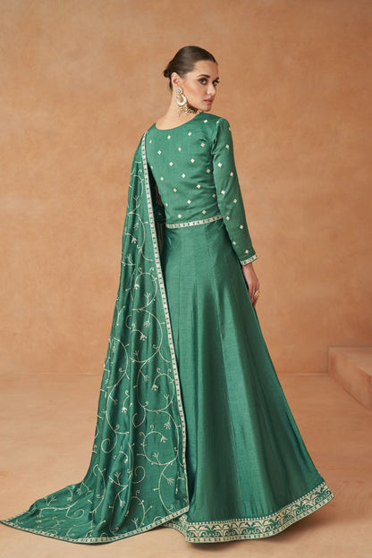 Pakistani Long Green Premium Silk Wedding Anarkali Dress With Dupatta For Women