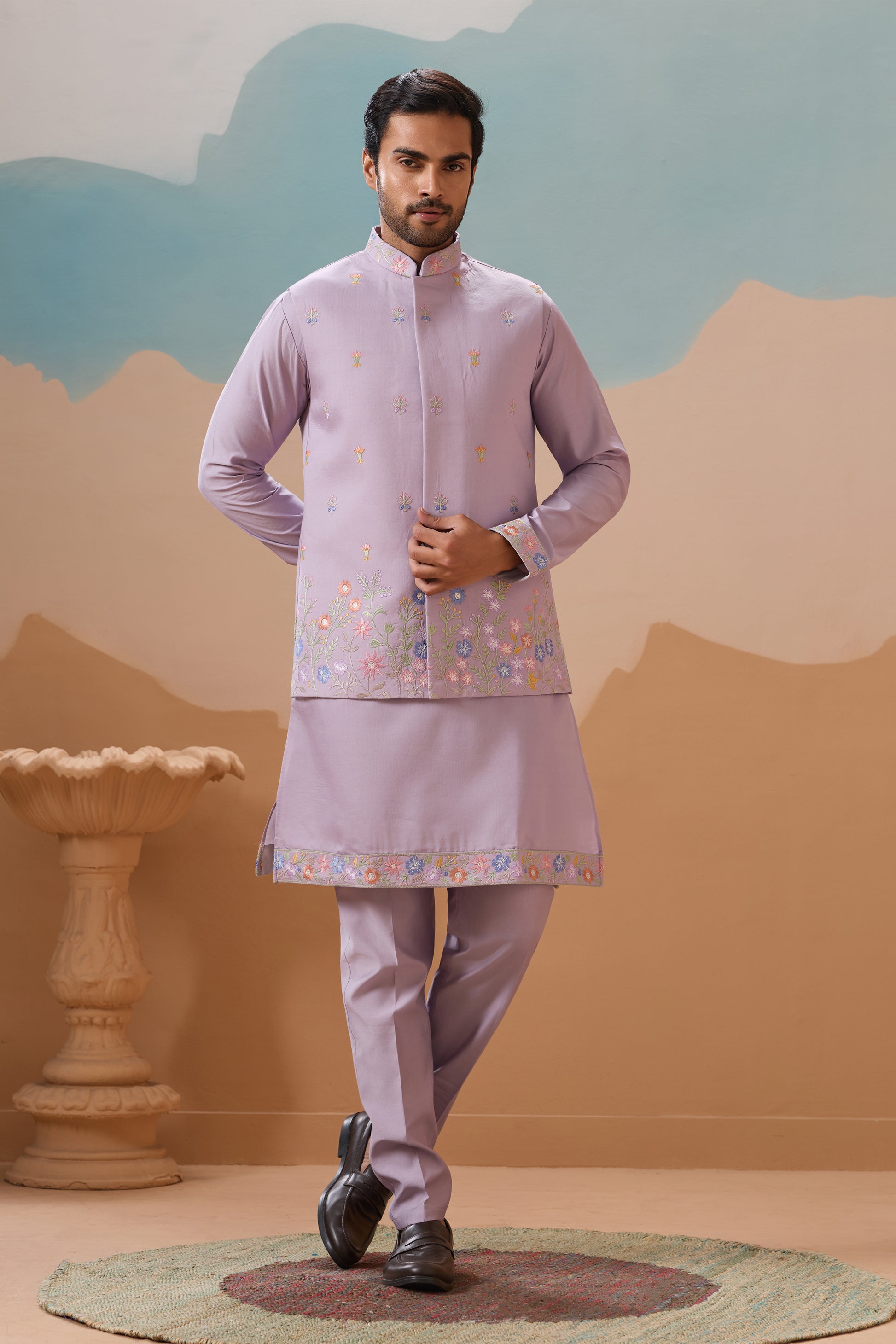 Lavender Men's Kurta With Sequin Embroidery Front view - Seyuri Ethnic Wear
