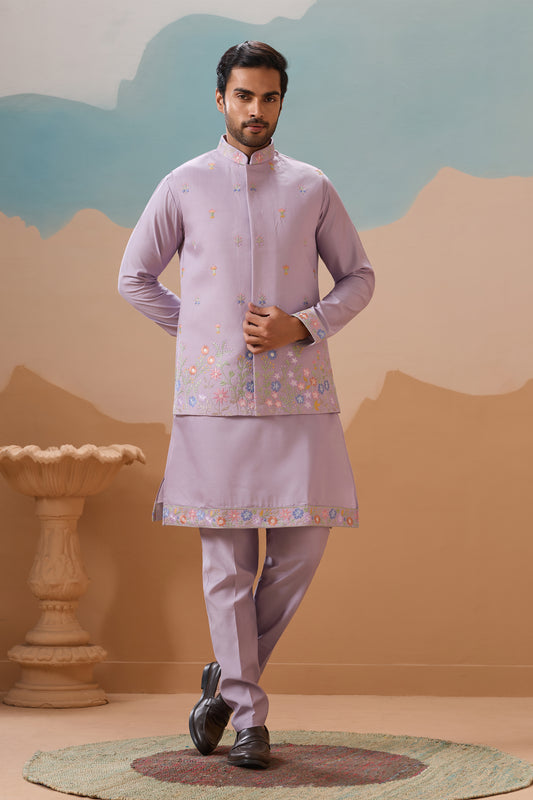 Lavender Men's Kurta With Sequin Embroidery Front view - Seyuri Ethnic Wear

