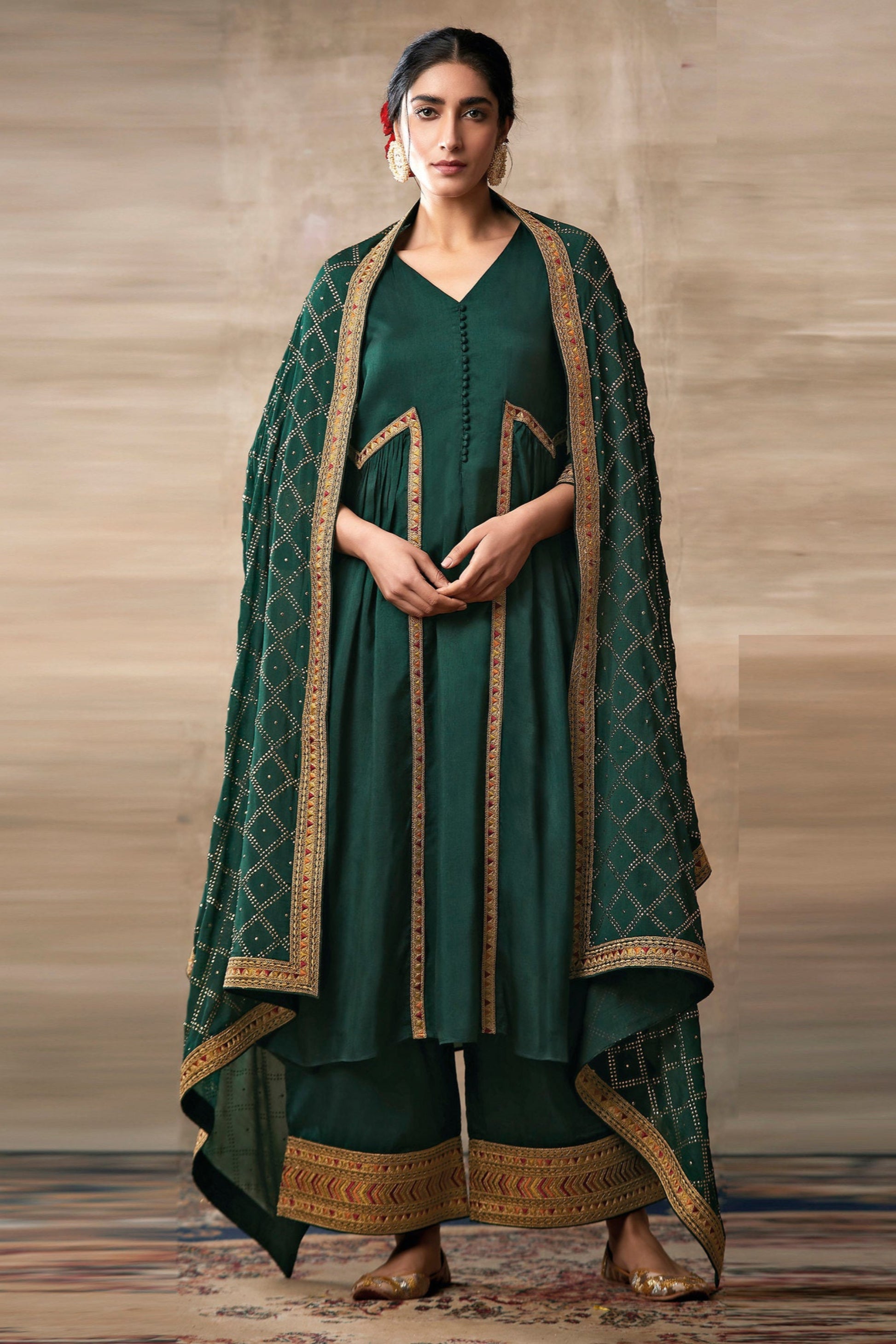 Green Embroidery Palazzo Outfit for Weddings and Festive Occasions.