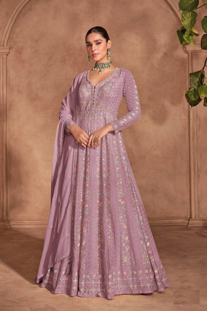 Pink Anarkali gown with sequin embroidery for weddings and evening parties USA