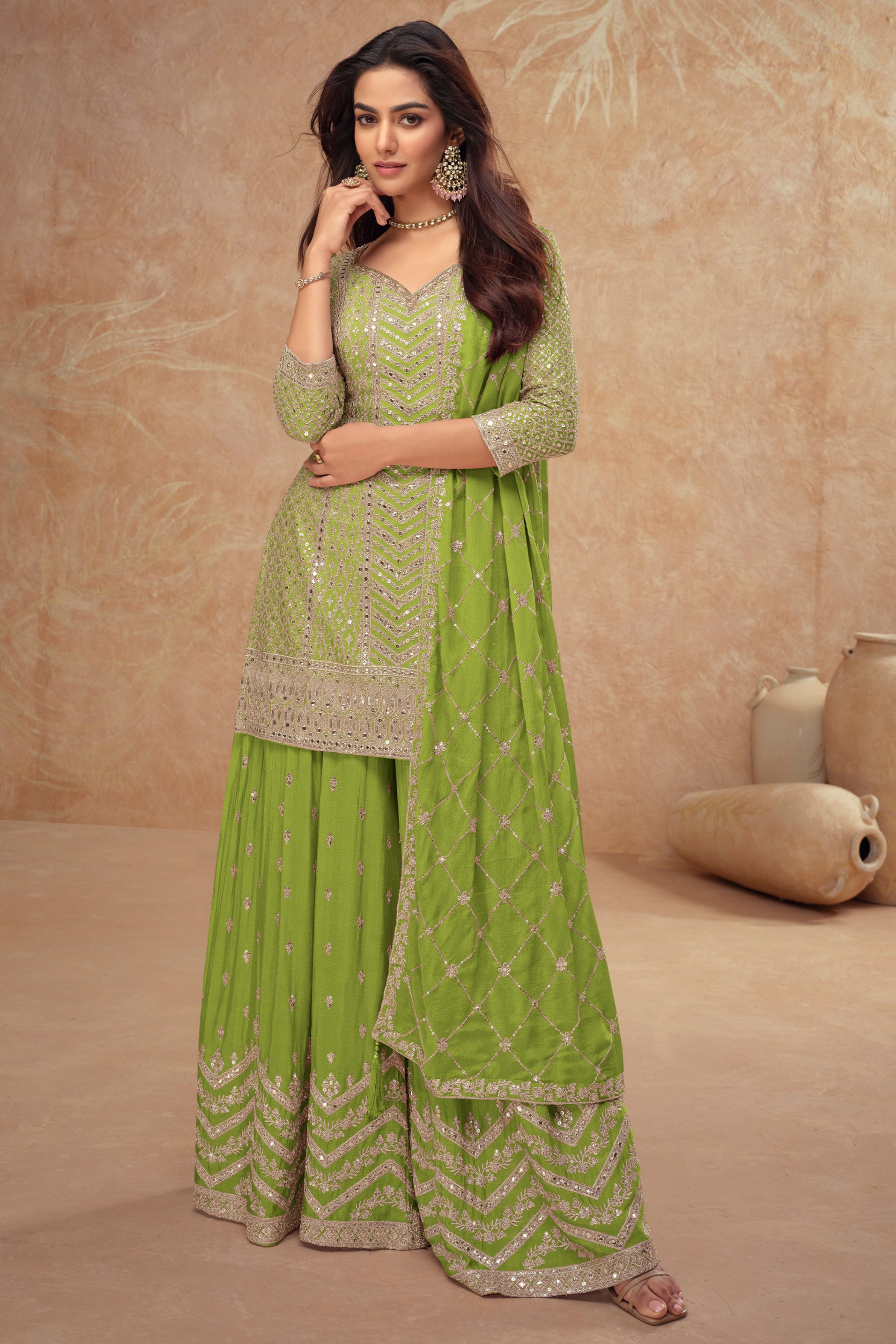 Green Embroidered Palazzo Suit With Matching Dupatta.