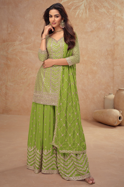 Green Embroidered Palazzo Suit With Matching Dupatta.