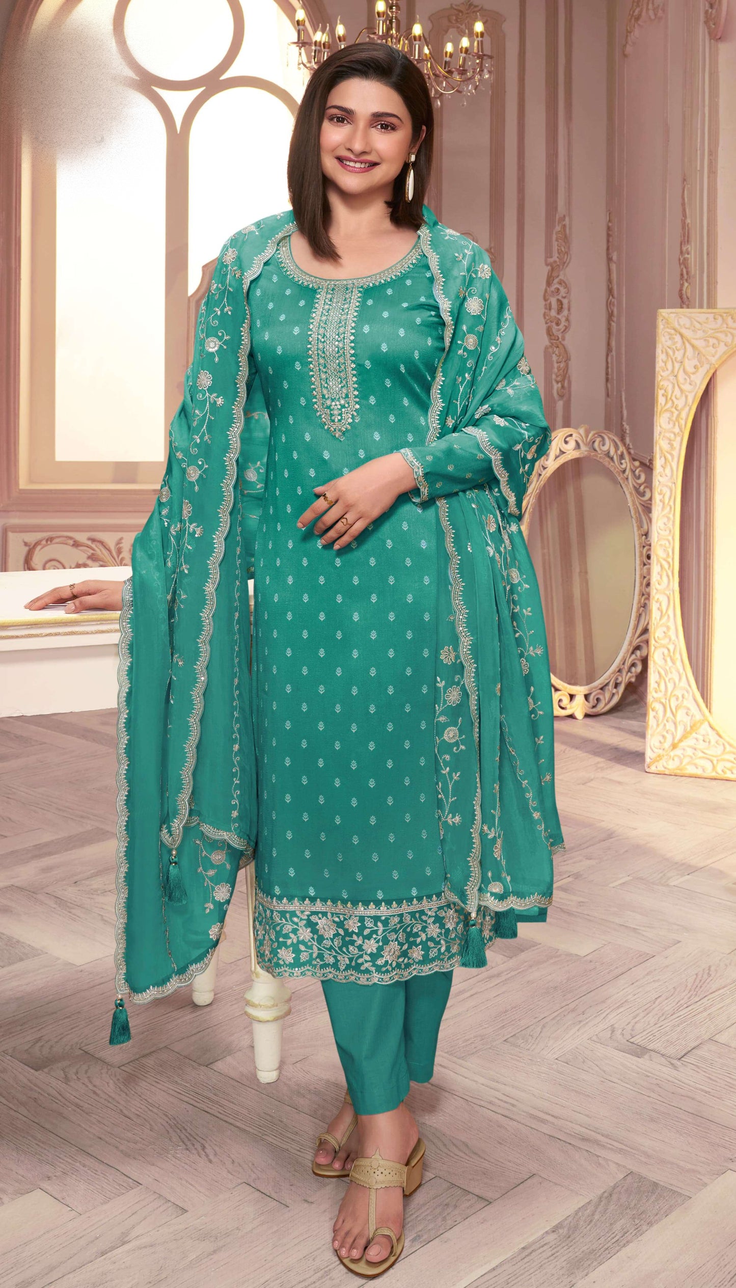 Teal Blue Designer Salwar Suit With Santoon Pant and Embroidered Dupatta - Side Angle