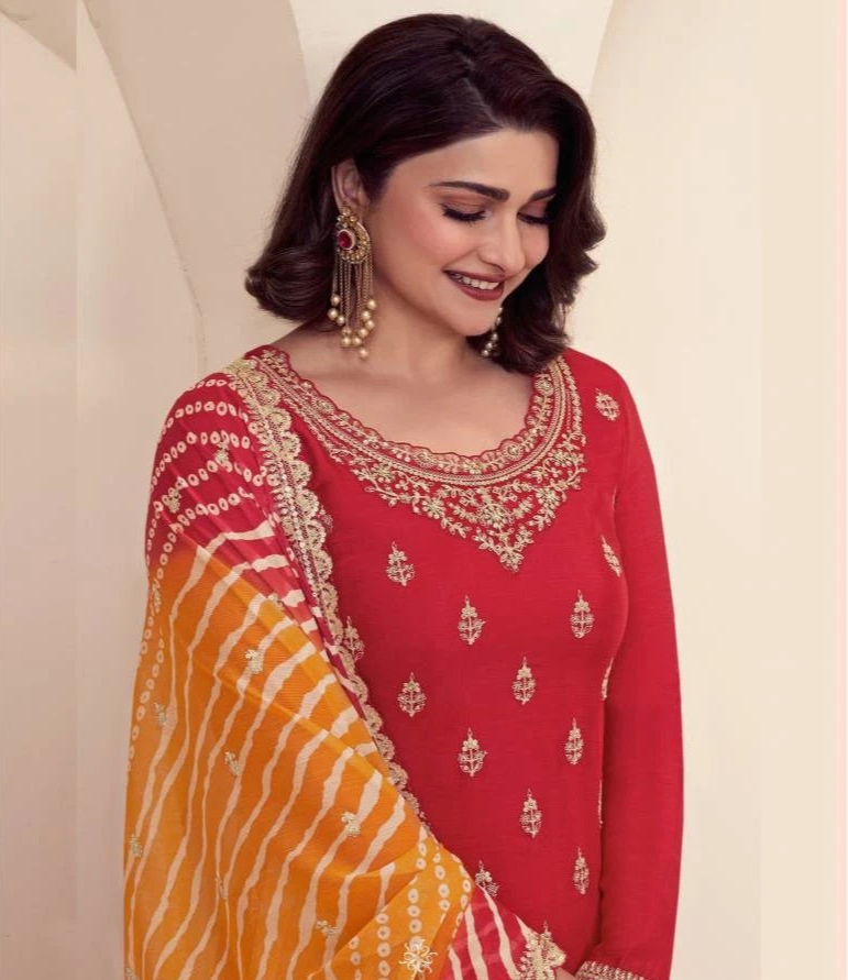 Straight Cut Kameez Palazzo Set With Embroidery Work - Indian Ethnic Wear For Women