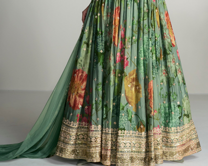 Stylish Stitched Long Chinon Silk Green Anarkali Dress With Dupatta For Party Wear 