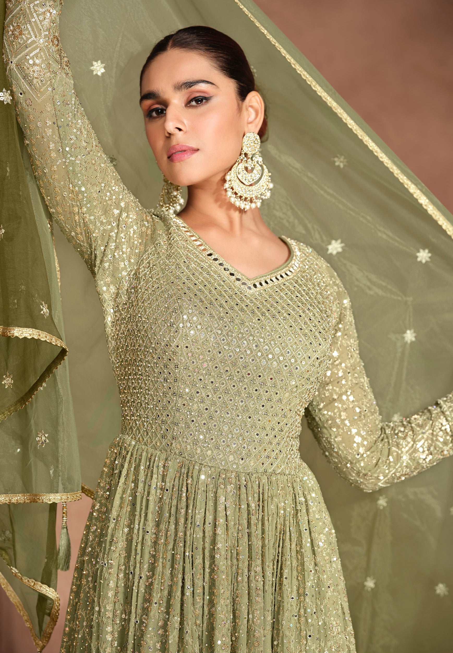 Elegant Olive Green Embroidered Gorgettle Anarkali Gown Suits  For Western Women 