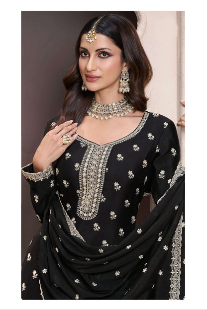 Elegant Black Designer Embroidered Plazzo Suit 