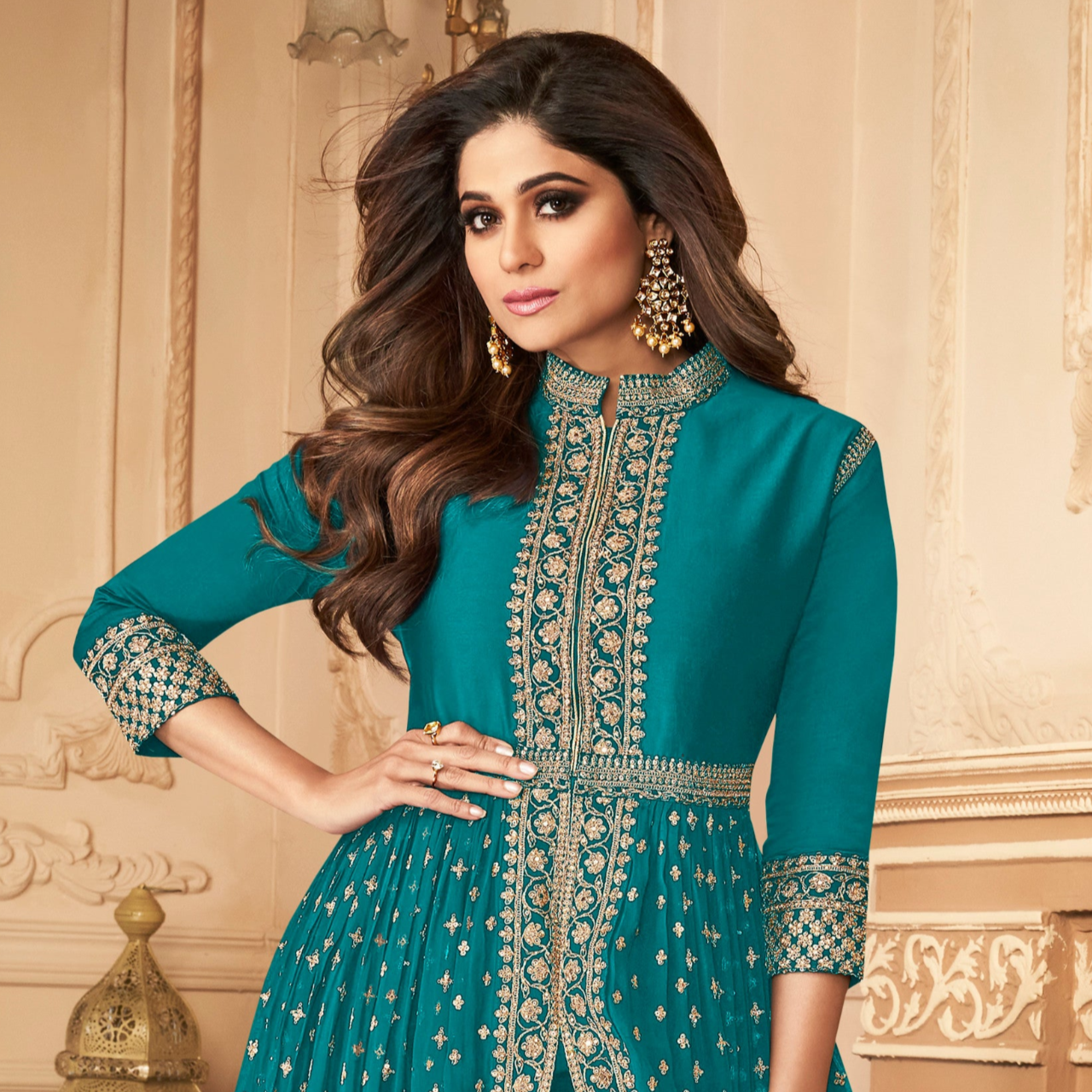 Indian Diwali Party Wear Real Georgette Anarkali Gown Dress With Embroidered Stones