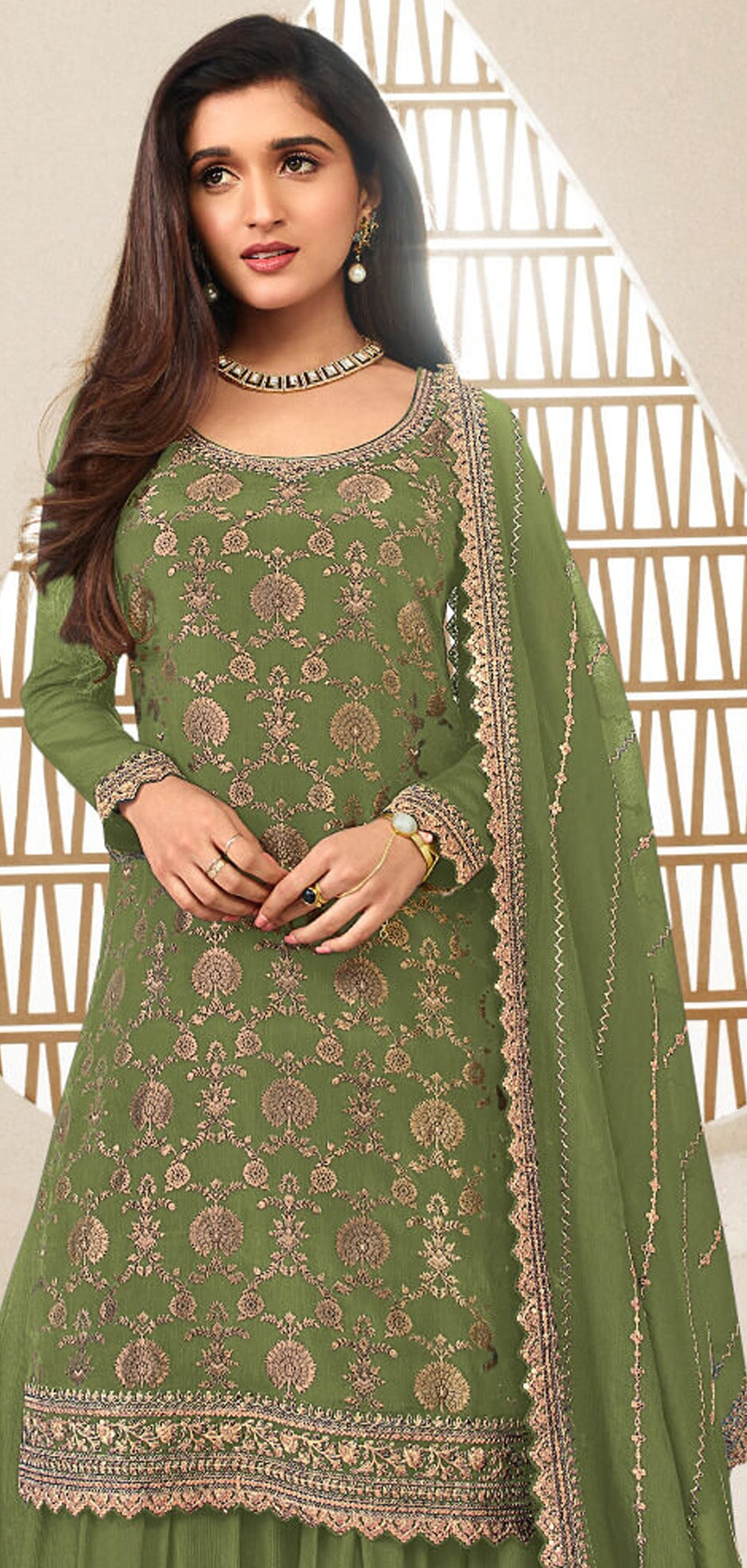 Designer Salwar Kameez Palazzo Set In Avocado Green With Chinon Fabric And Embroidery Work