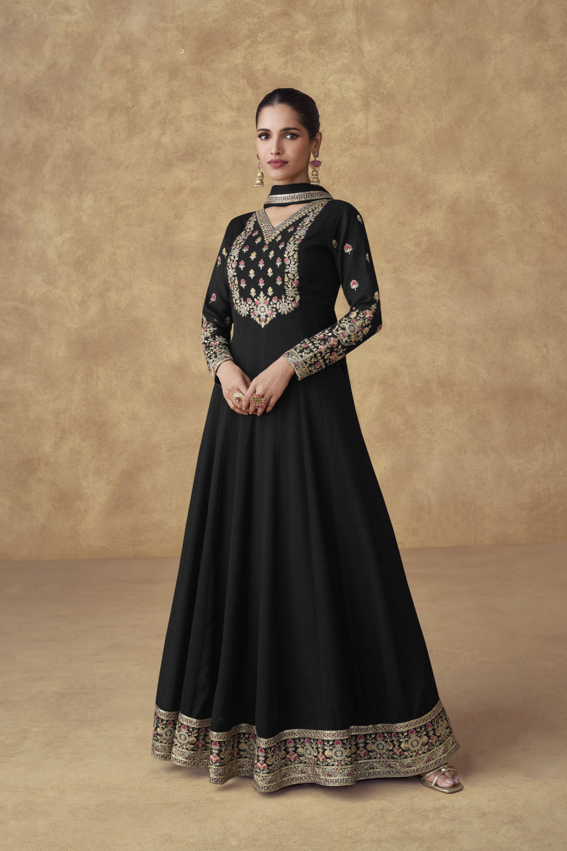 Black Embroidery Anarkali Gown With Sequin Work For Bollywood Party USA