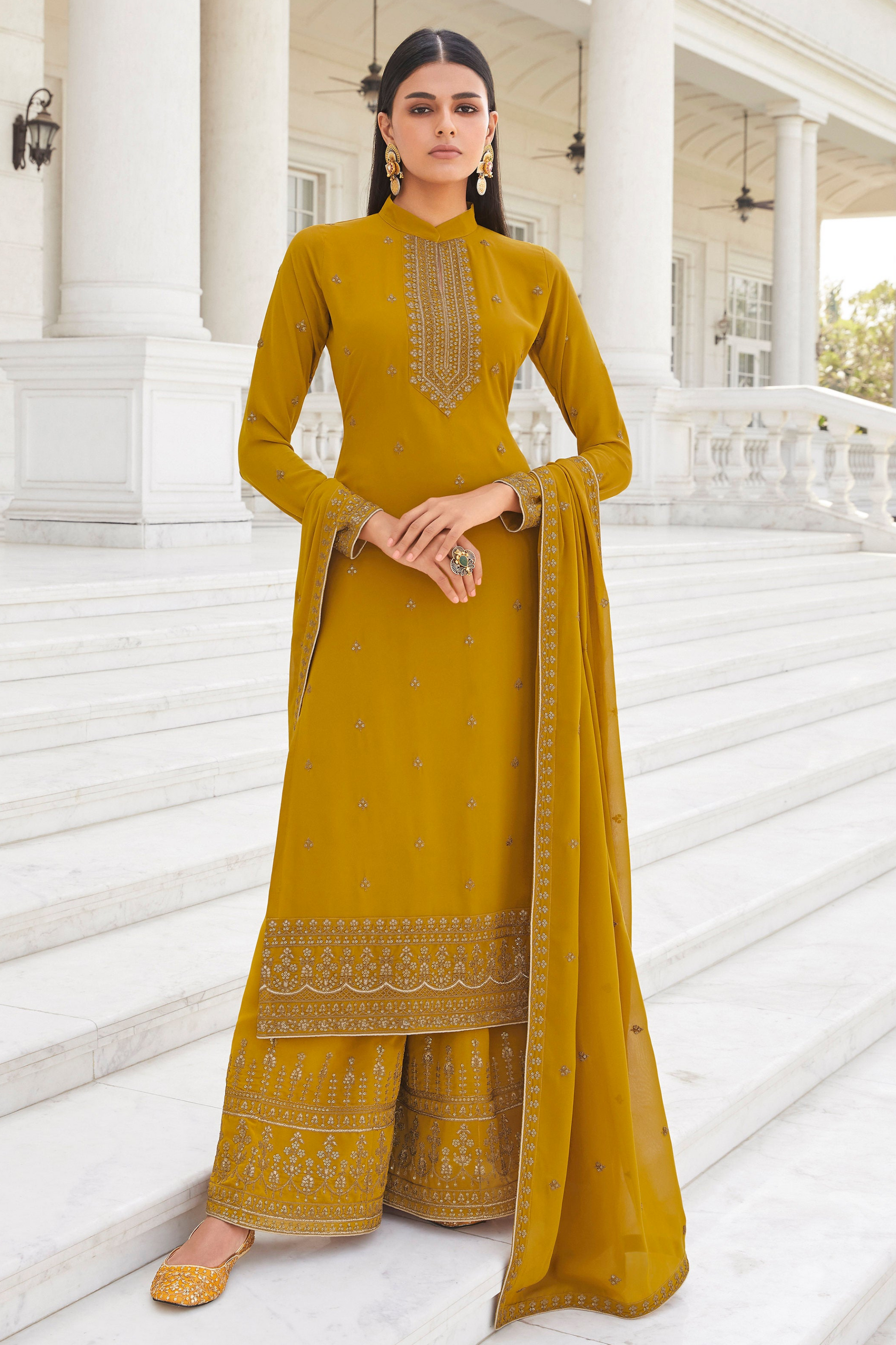 Yellow Salwar Kameez Palazzo Suit with Dupatta for Haldi Ceremony - Indian Wedding Outfit