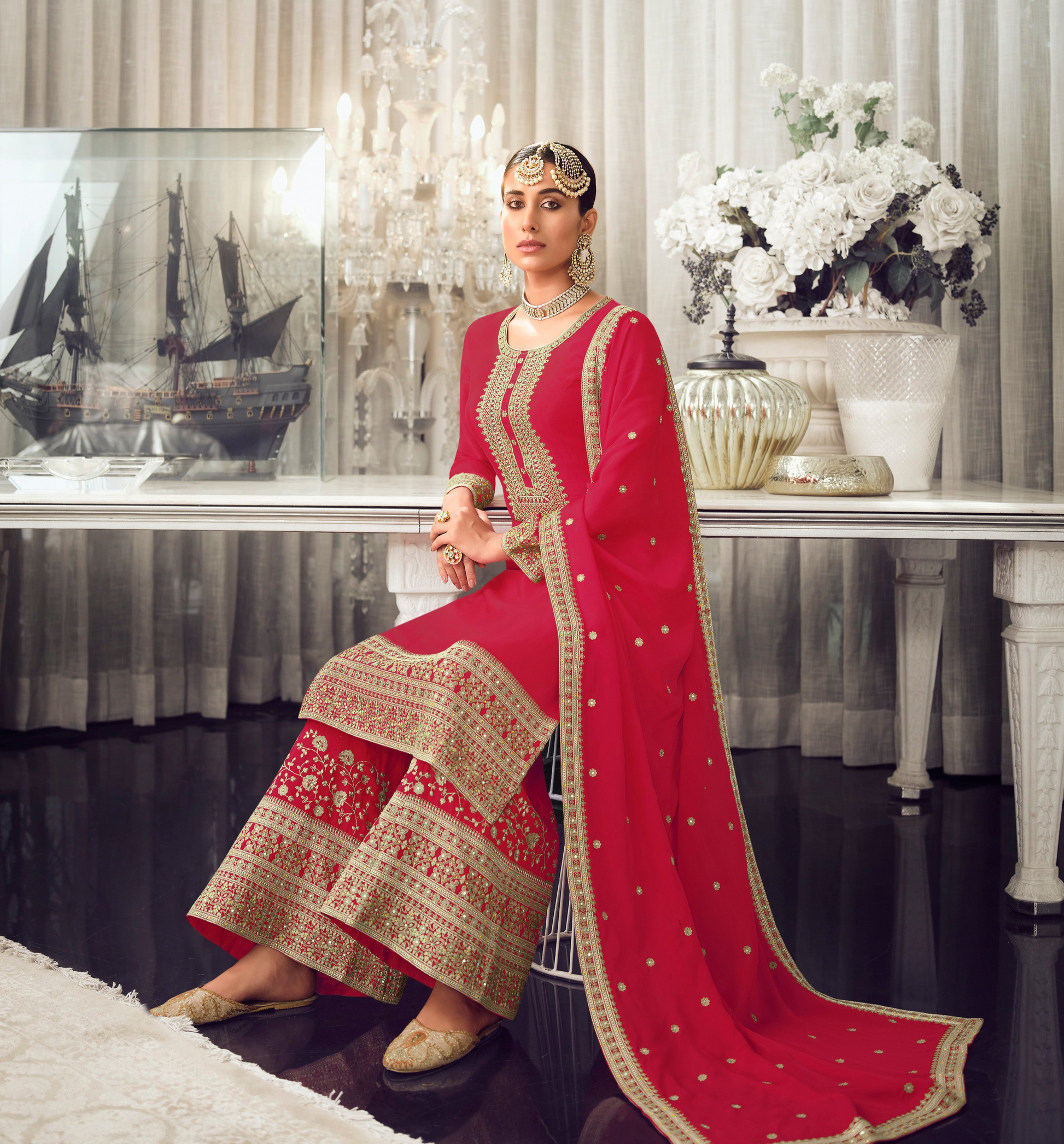 Palazzo Style Salwar Suit in Red - Traditional Indian Outfit