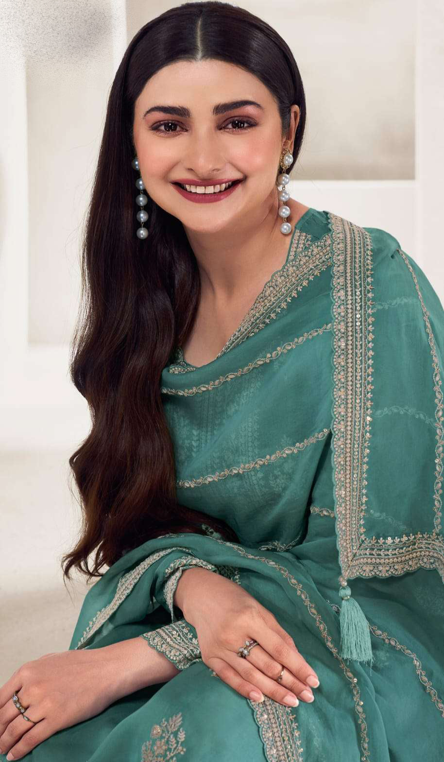 Teal Green Organza Salwar Kameez With Multi-Thread Embroidery and Dupatta