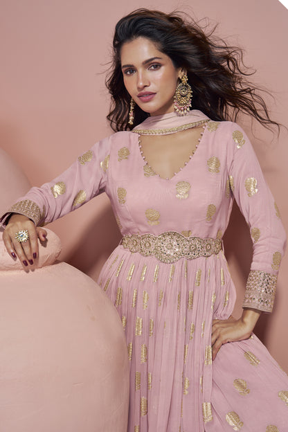 Wedding Party Wear Pink Anarkali Gown With Viscos Jacquard Silk, Silk Dupatta Suits 