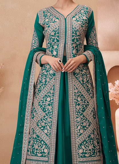 Women's Reception Green Stitched Chinon Silk Shrug Lehenga with Dupatta Dress