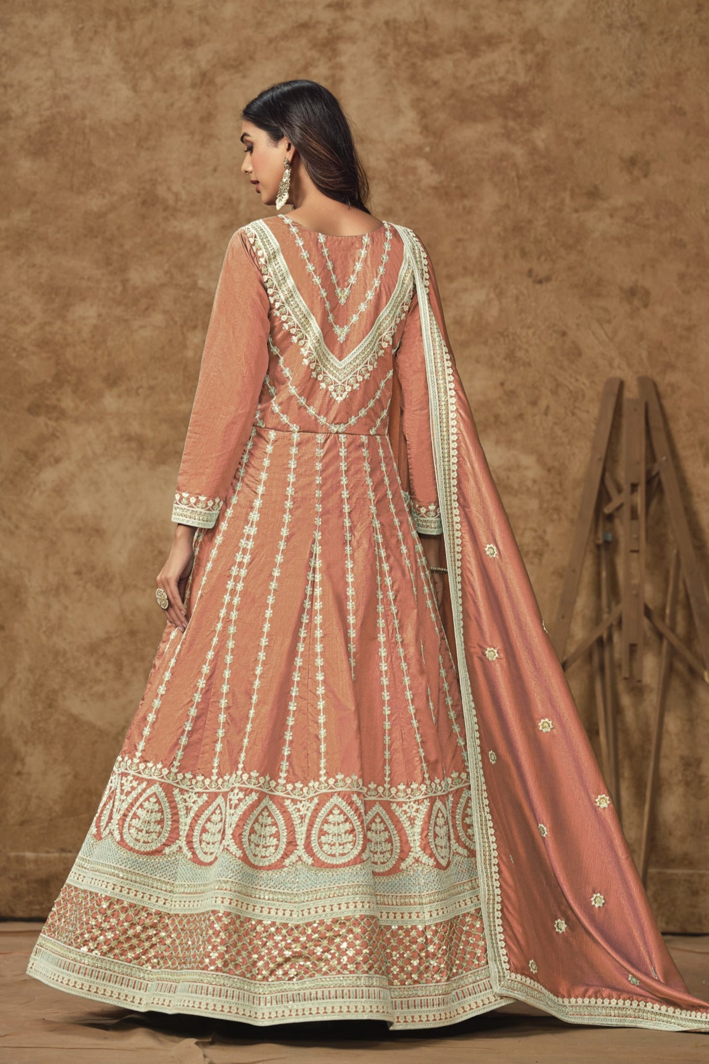 Peach Silk Anarkali Dress Front View - Indian Ethnic Wear For Women