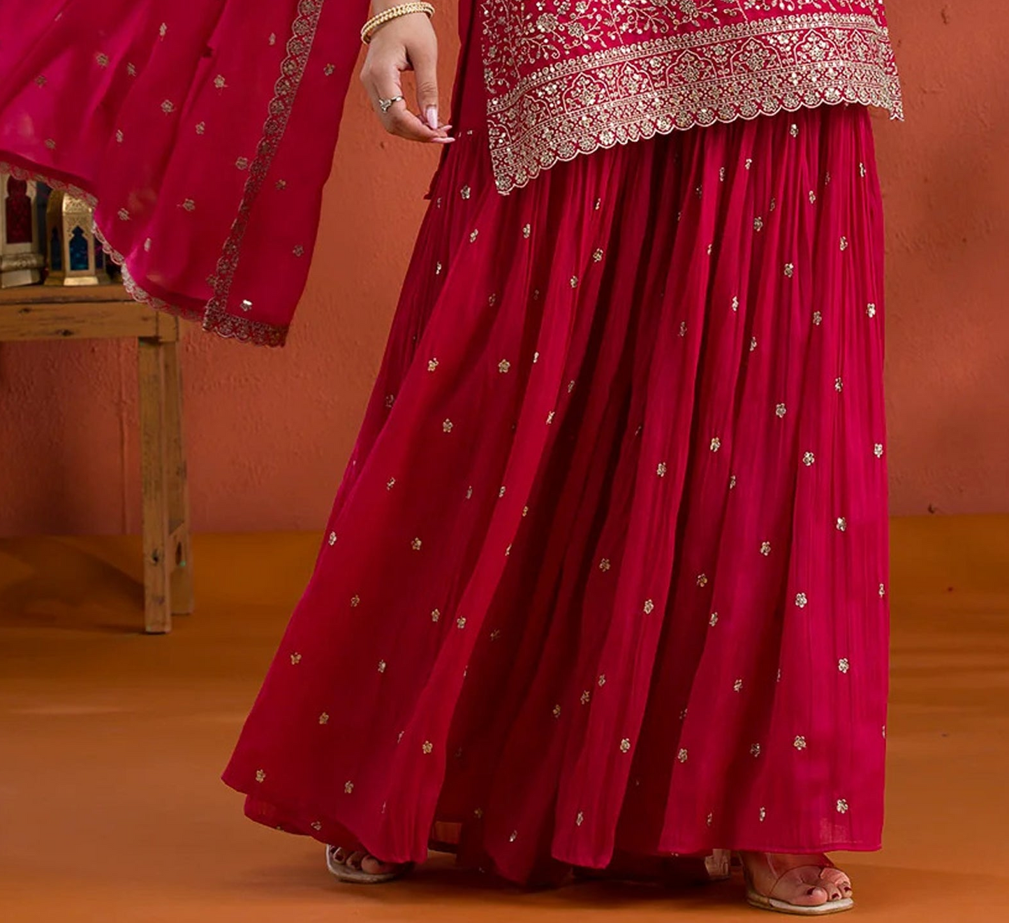 Red Palazzo Kameez Full View - Ready To Wear Ethnic Dress USA