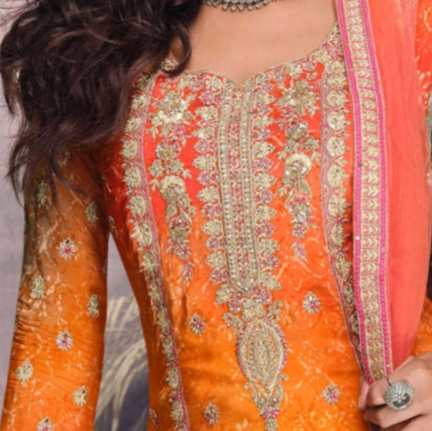 Designer Orange Palazzo Suit With Floral Embroidery Work.