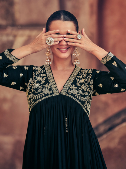 Designer Anarkali Gown Wedding Long Chinon Silk With Dupatta Dreeses