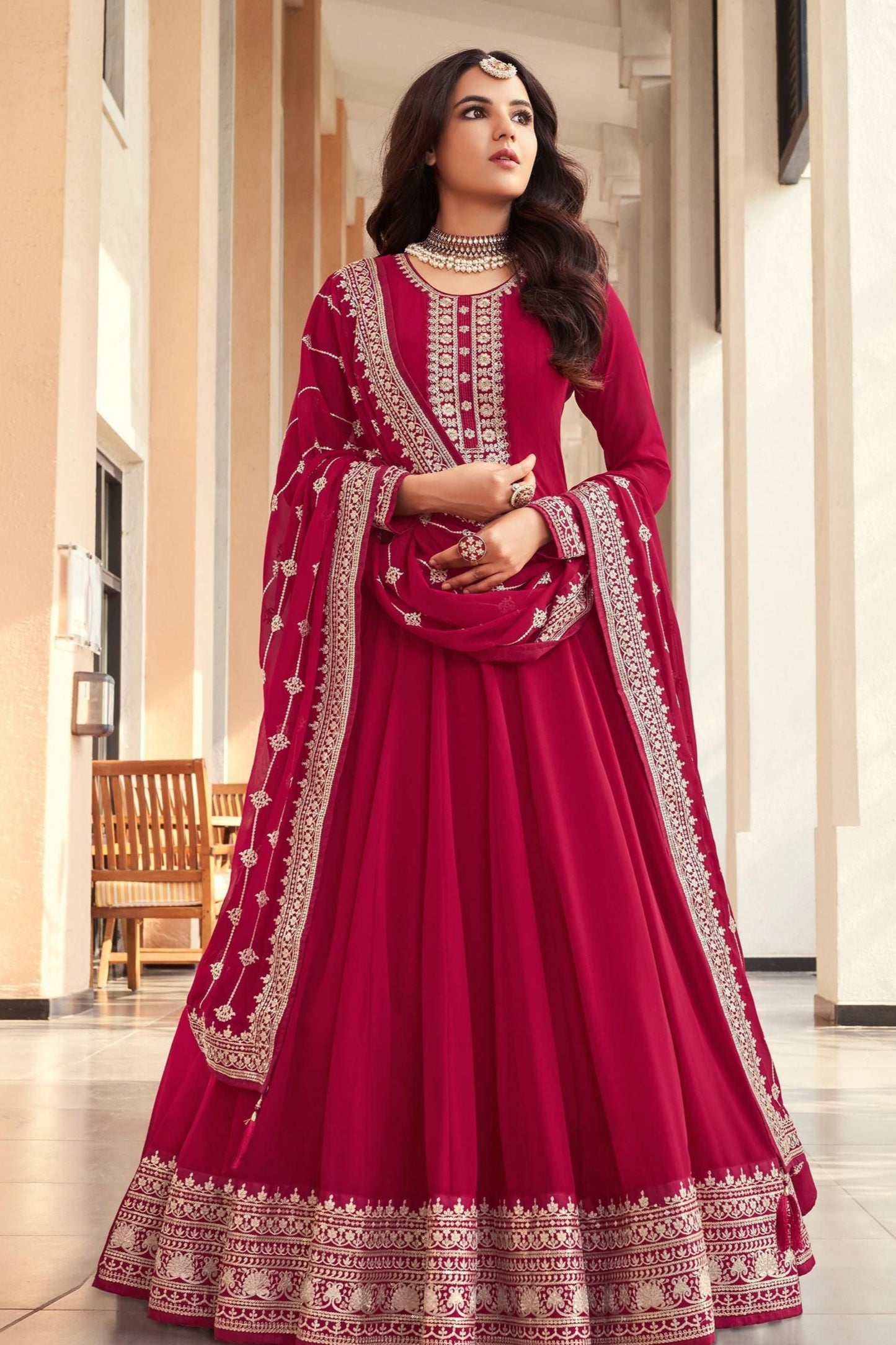 Heavy Embroidered Real Georgette Beautiful Long Anarkali Gown Suits With Dupatta 