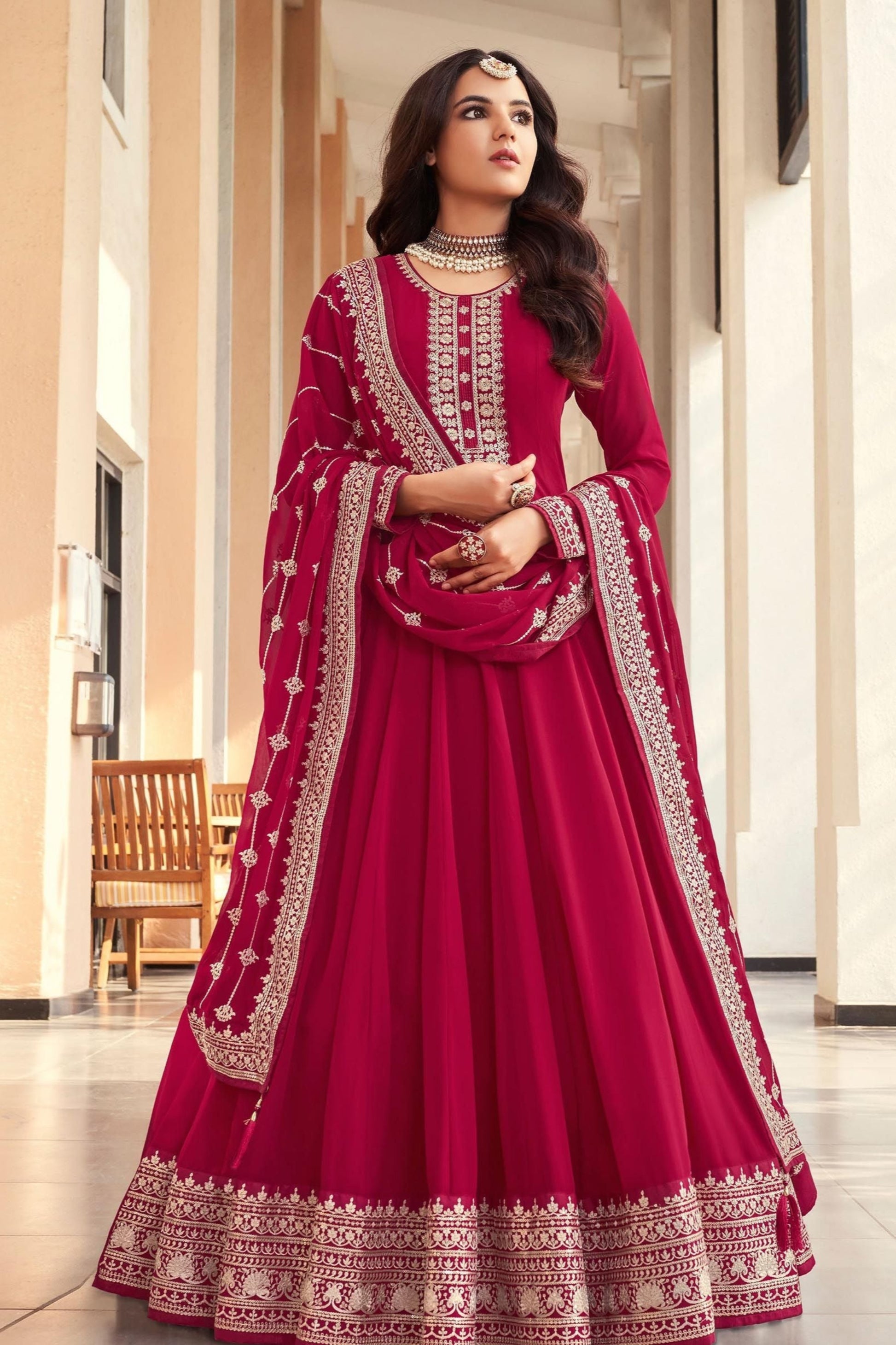 Heavy Embroidered Real Georgette Beautiful Long Anarkali Gown Suits With Dupatta 