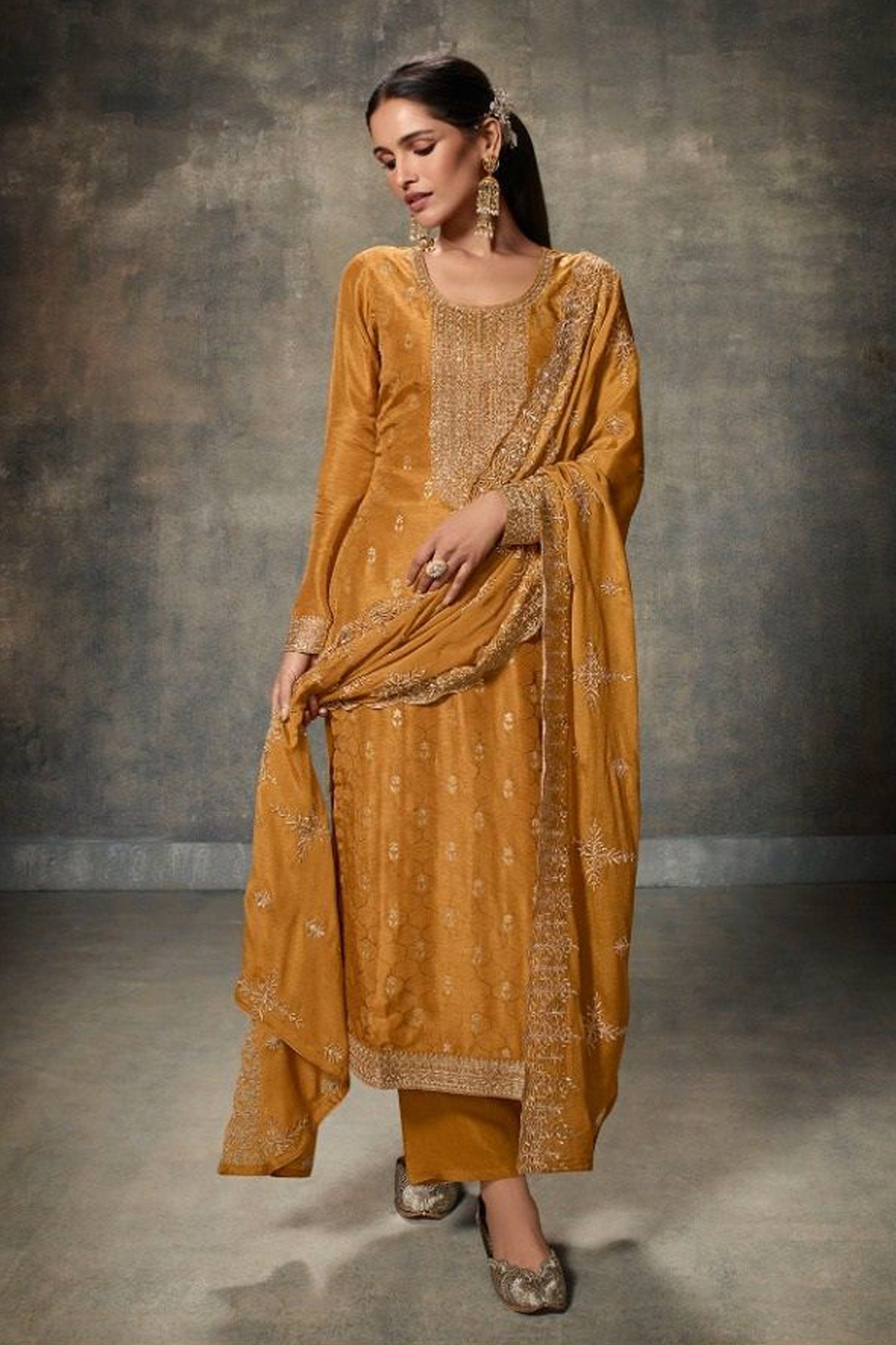 Golden Yellow Embroidered Salwar Kameez For Indian Wedding - Front View Full Outfit With Dupatta.