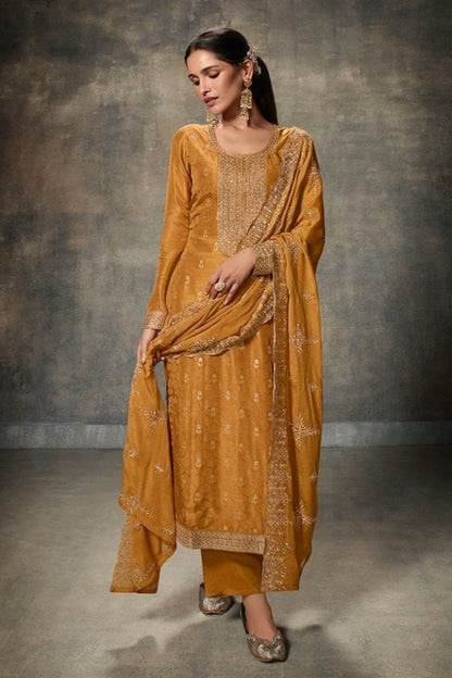 Golden Yellow Embroidered Salwar Kameez For Indian Wedding - Front View Full Outfit With Dupatta.