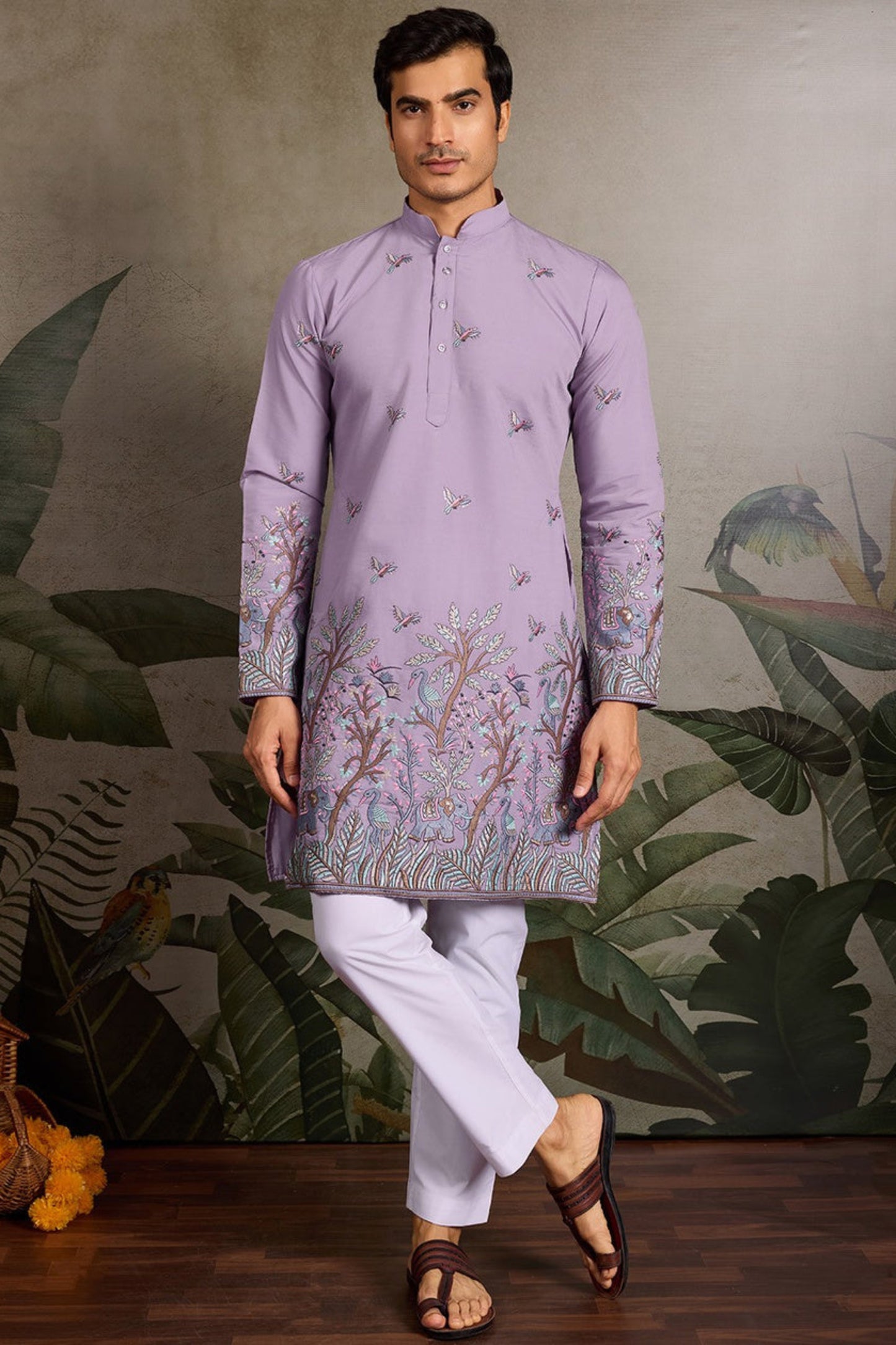 Lavender Viscose Silk Men's Kurta With Mirror Work Embroidery For Engagement Ceremony