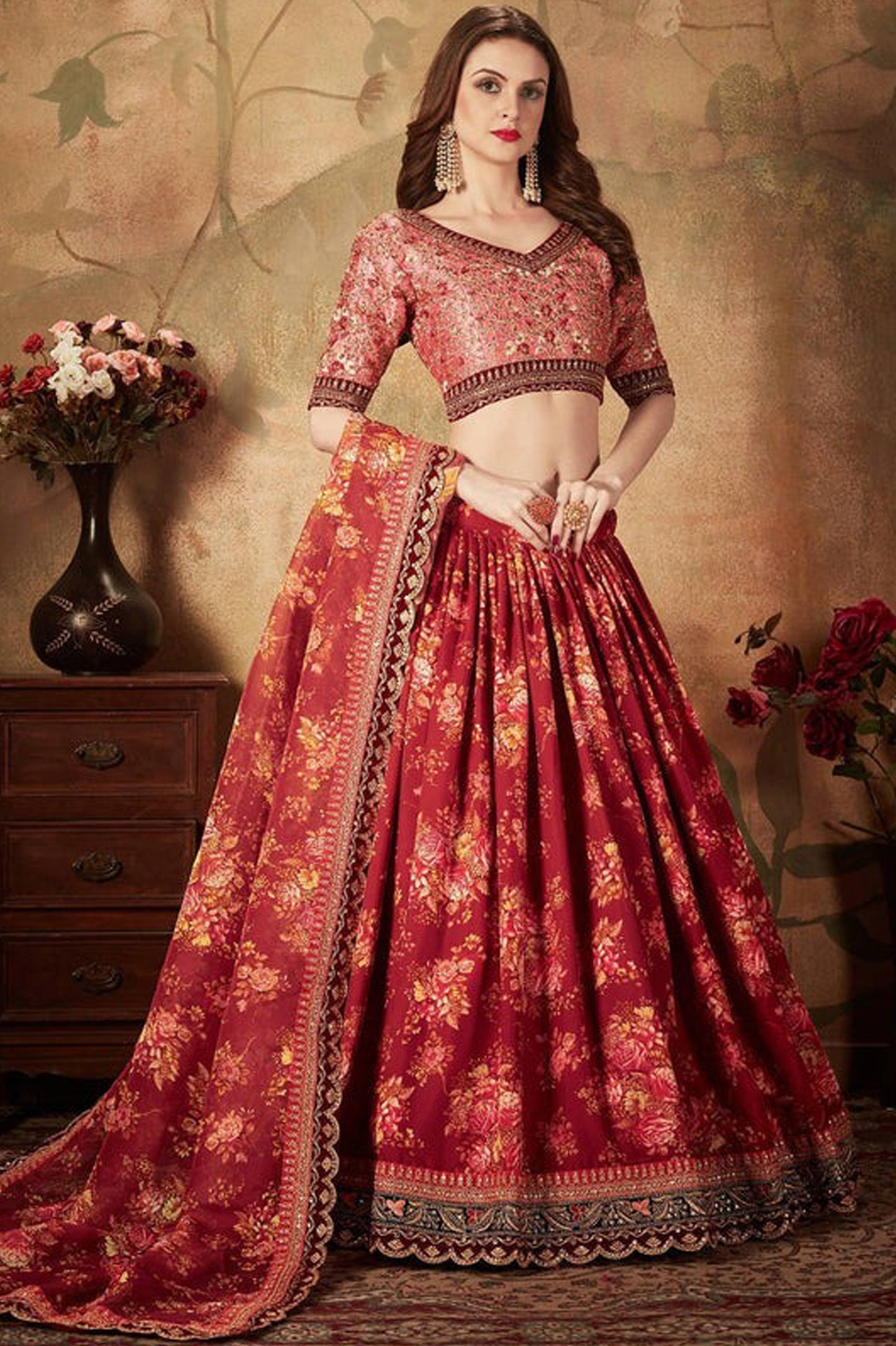 "Stylish lehengas for U.S.-based Indian functions."
