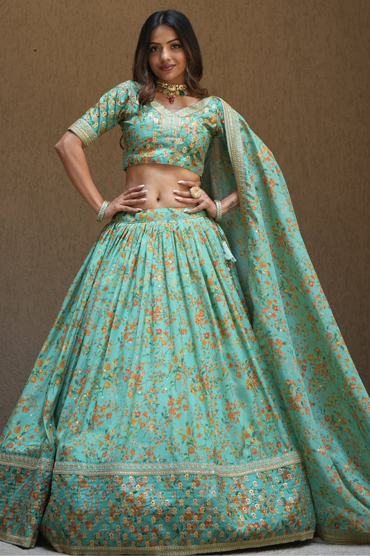 "Elegant lehengas for U.S.-based Indian celebrations."
