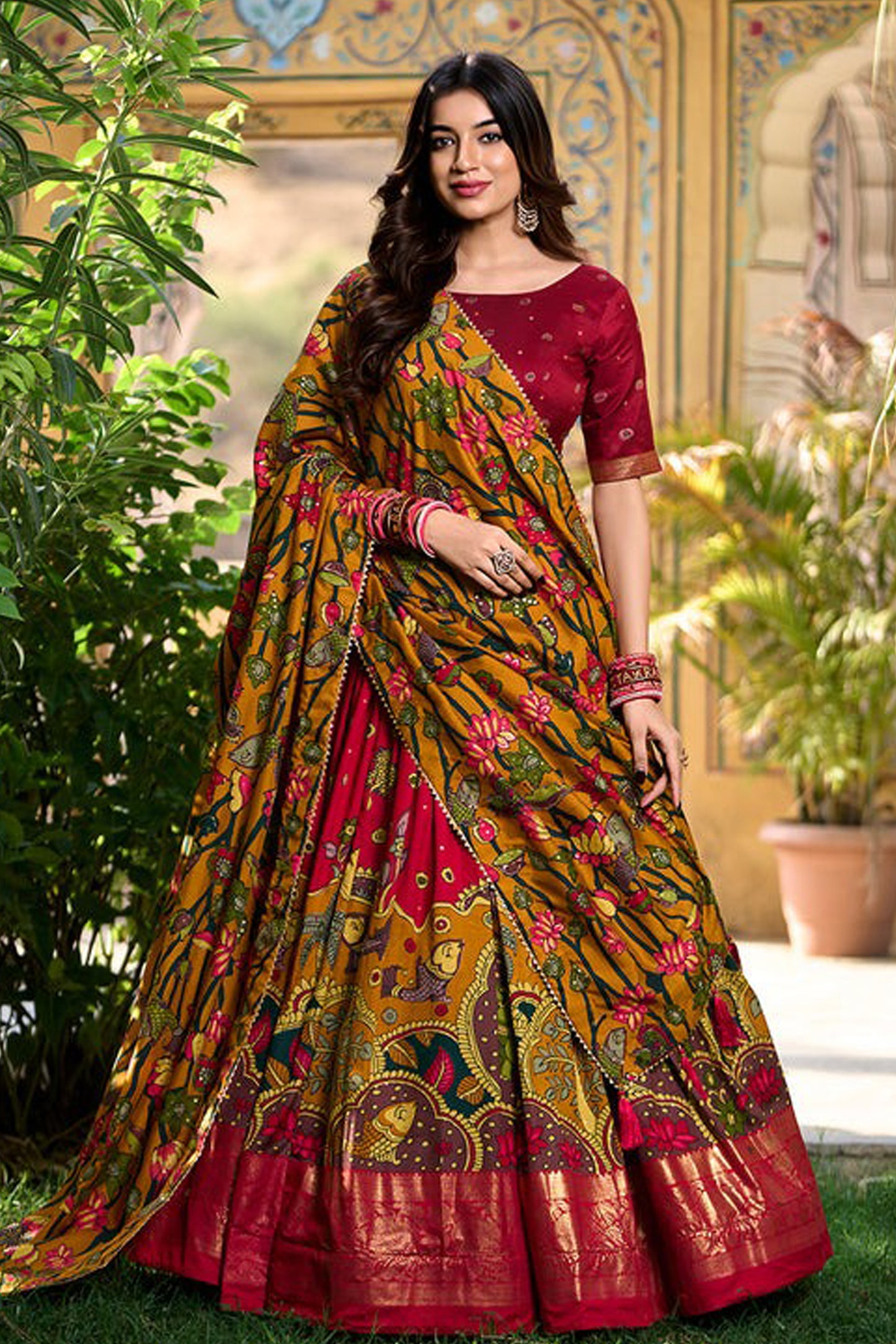 "Stylish lehengas for U.S.-based Indian functions."
