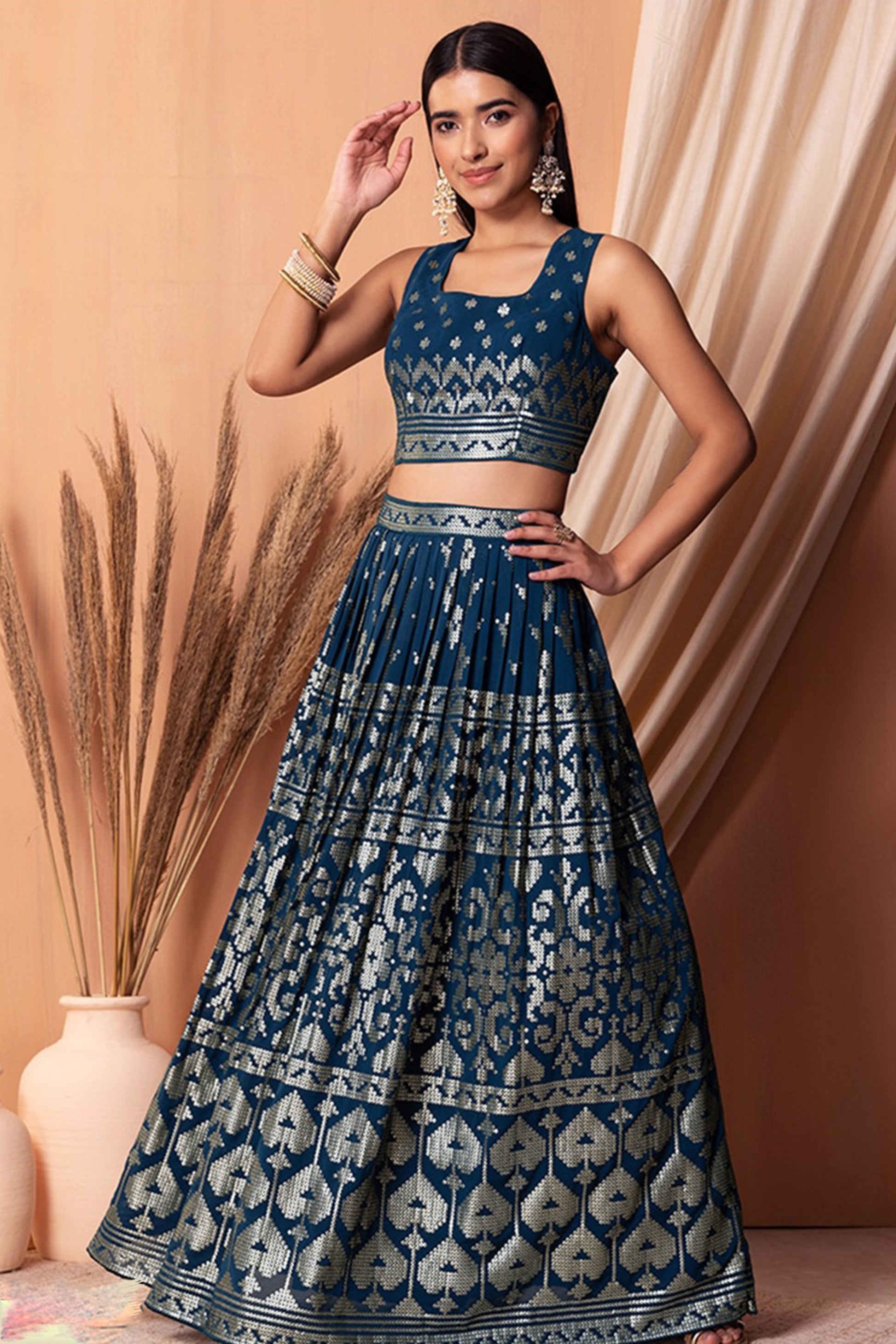"Celebrate traditions in the USA with our lehengas."
