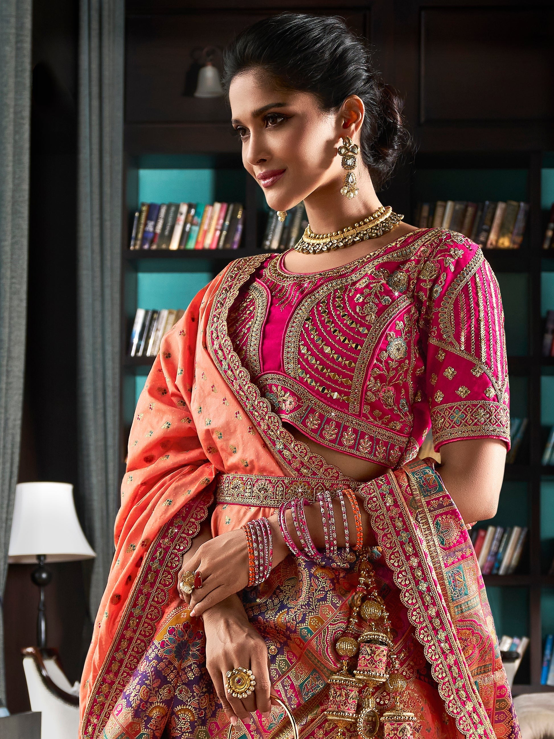 "Stylish lehengas for U.S.-based Indian functions."
