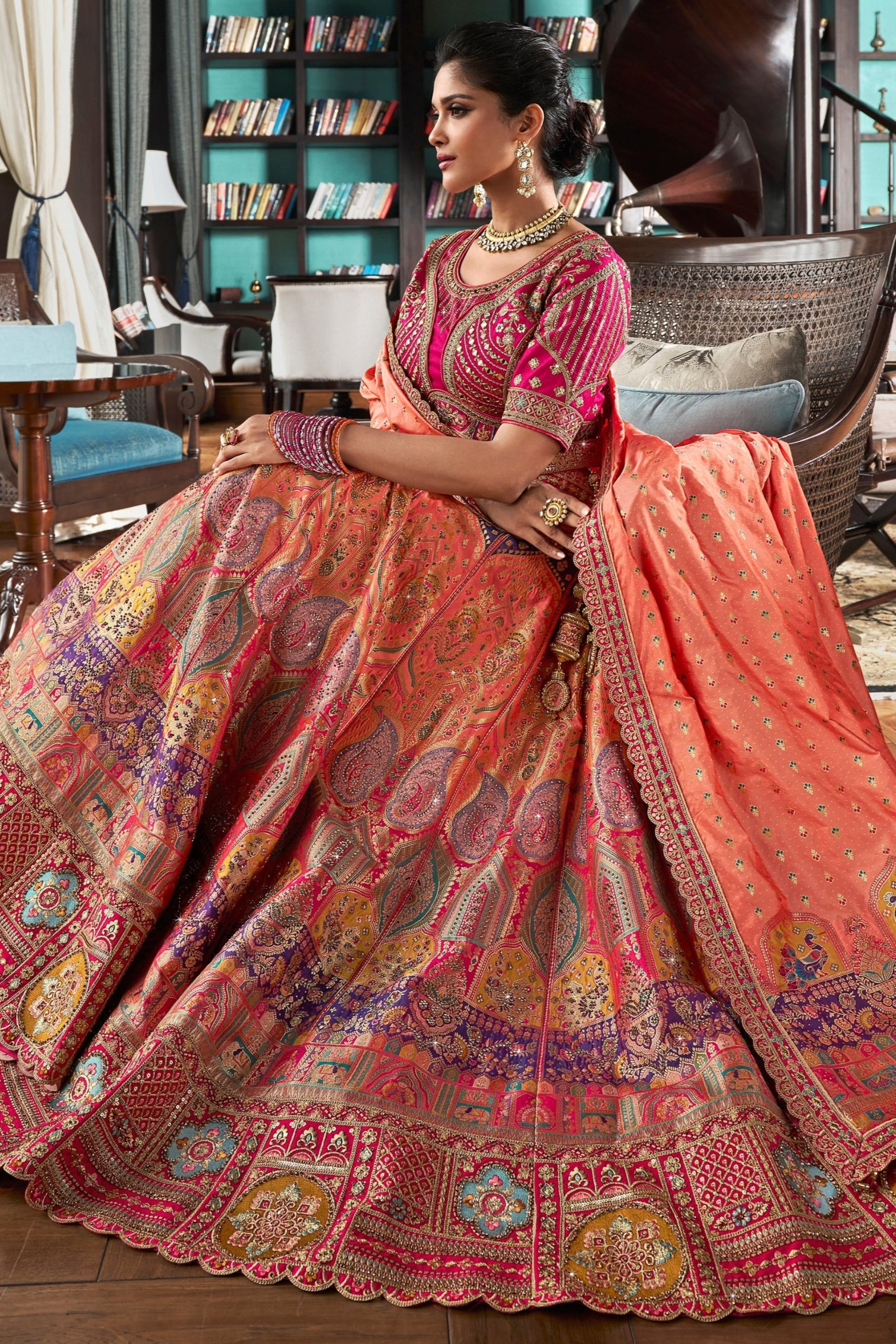 "Stylish lehengas for U.S.-based Indian functions."
