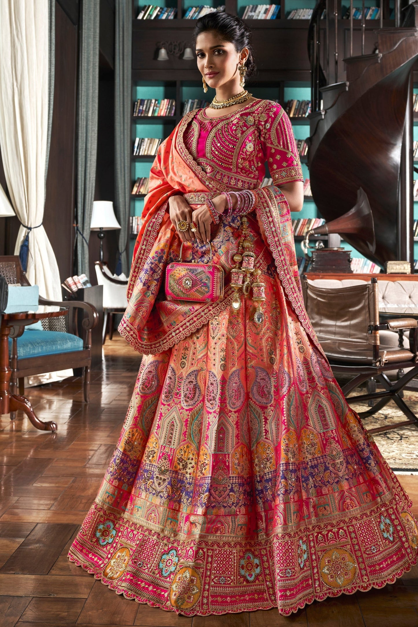 "Stylish lehengas for U.S.-based Indian functions."
