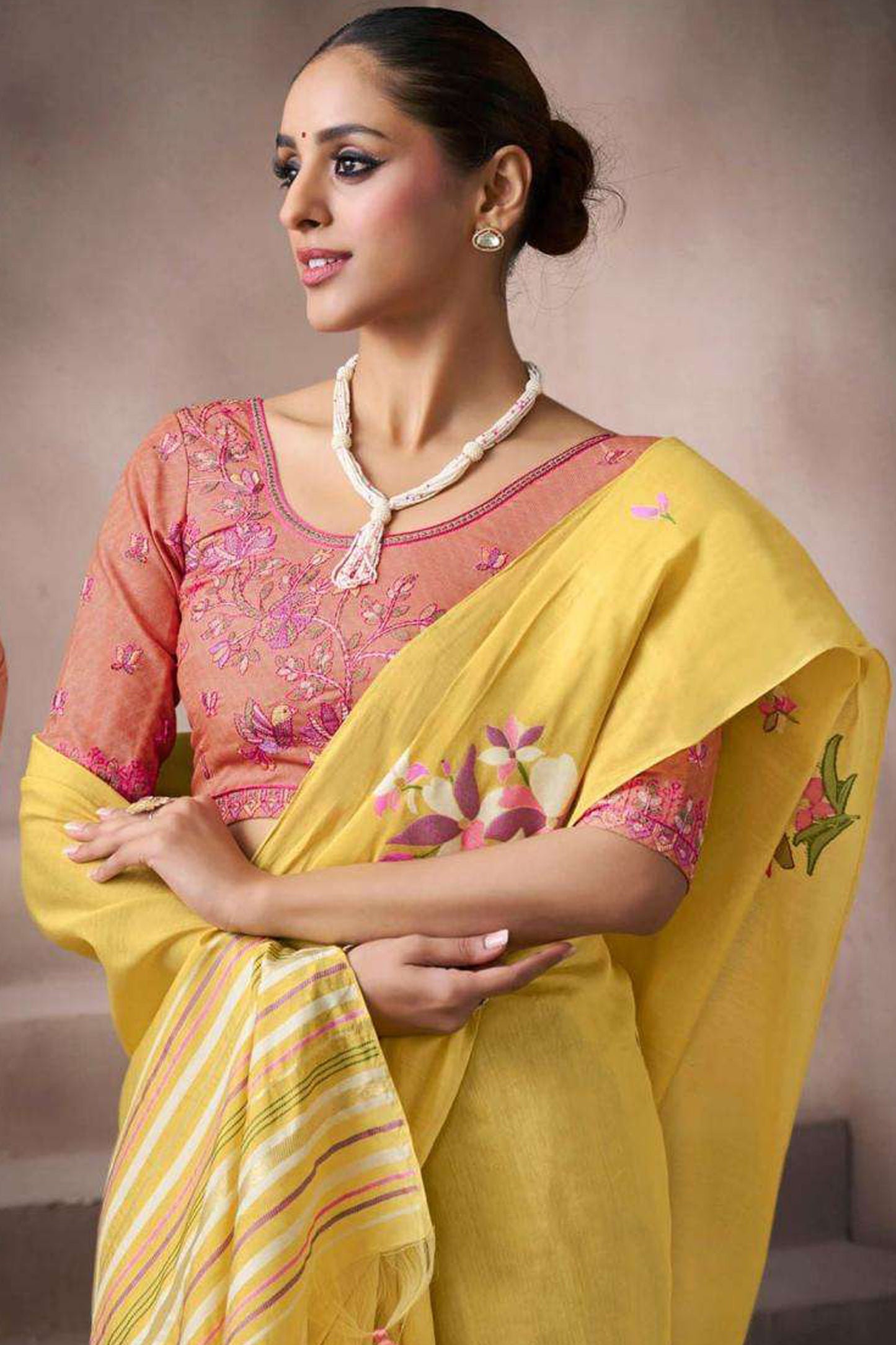 Fancy Tussar Silk Saree With Digital Print Pallu And Tassels Ready To Wear