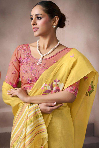 Fancy Tussar Silk Saree With Digital Print Pallu And Tassels Ready To Wear